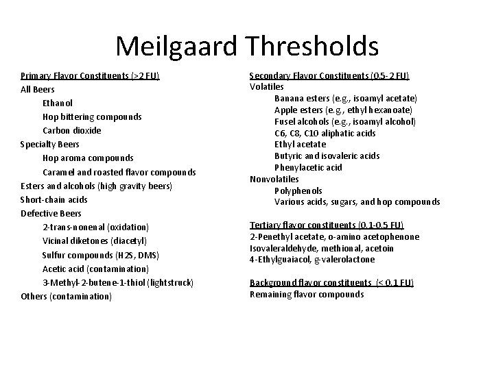 Meilgaard Thresholds Primary Flavor Constituents (>2 FU) All Beers Ethanol Hop bittering compounds Carbon