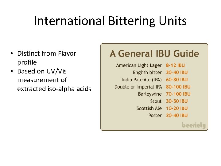 International Bittering Units • Distinct from Flavor profile • Based on UV/Vis measurement of