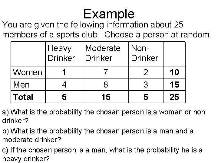 Example You are given the following information about 25 members of a sports club.