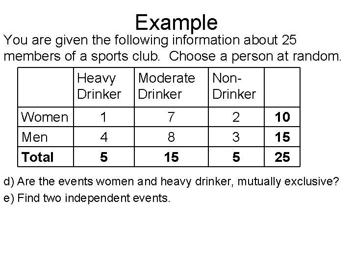 Example You are given the following information about 25 members of a sports club.