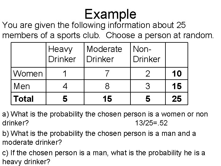 Example You are given the following information about 25 members of a sports club.
