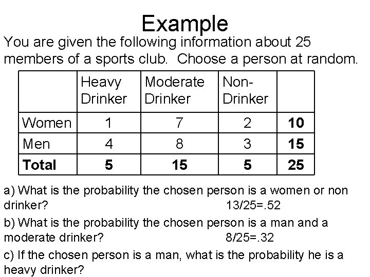 Example You are given the following information about 25 members of a sports club.
