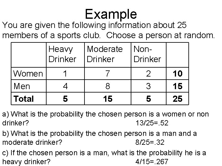 Example You are given the following information about 25 members of a sports club.