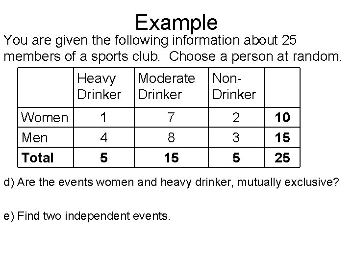 Example You are given the following information about 25 members of a sports club.