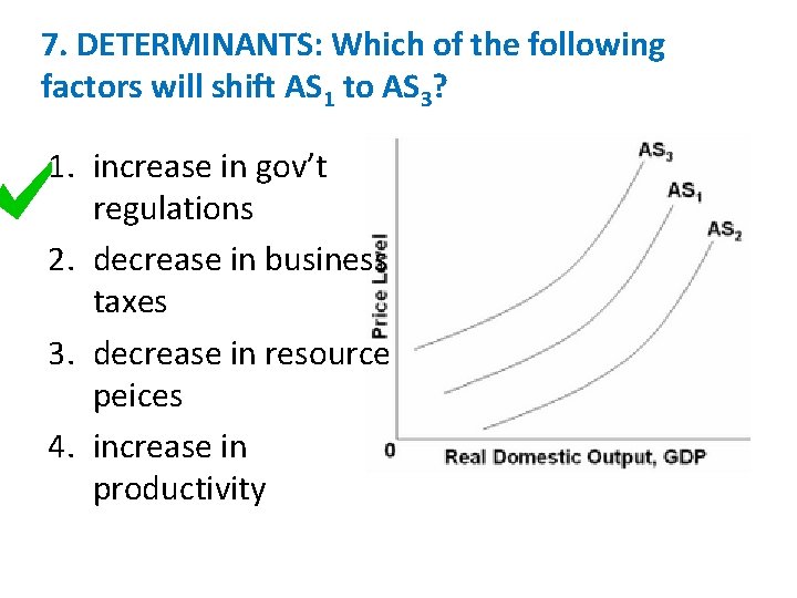 7. DETERMINANTS: Which of the following factors will shift AS 1 to AS 3?