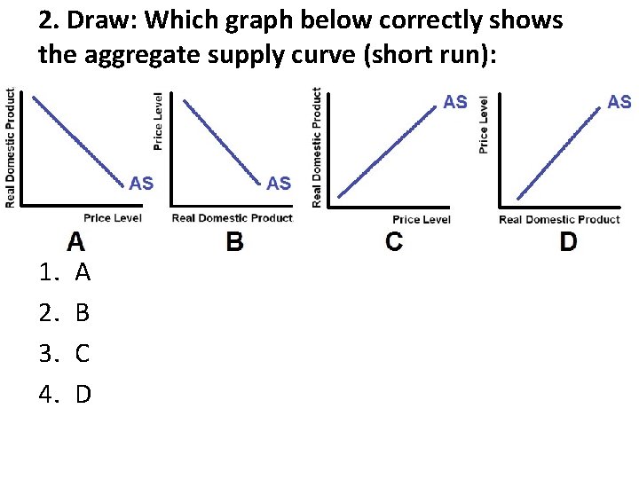 2. Draw: Which graph below correctly shows the aggregate supply curve (short run): 1.