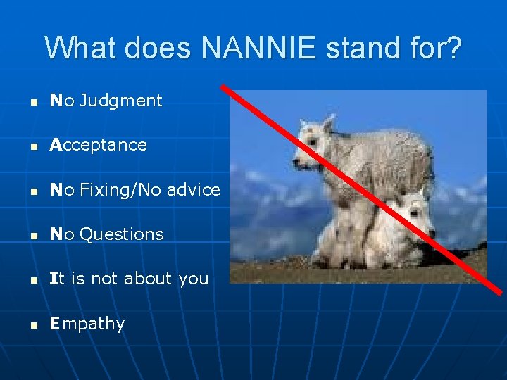 What does NANNIE stand for? n No Judgment n Acceptance n No Fixing/No advice