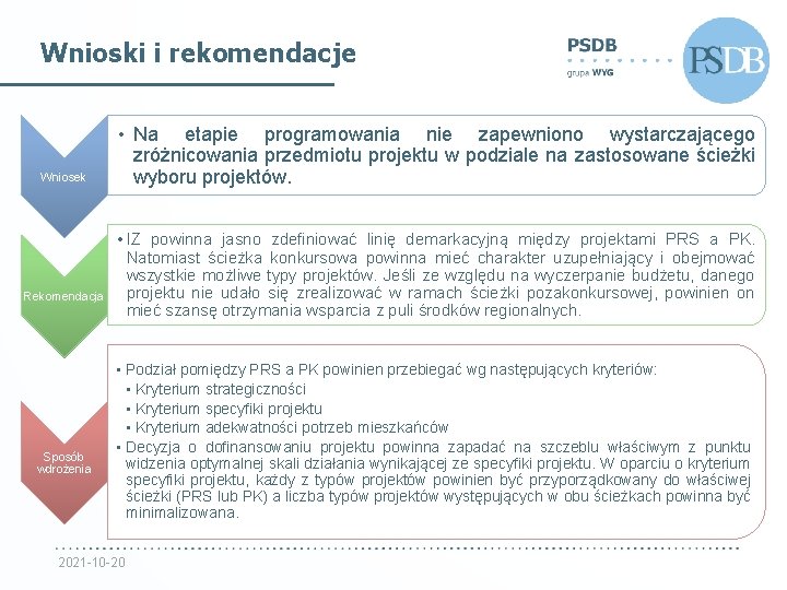 Wnioski i rekomendacje Wniosek Rekomendacja Sposób wdrożenia • Na etapie programowania nie zapewniono wystarczającego