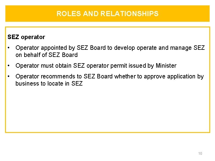 ROLES AND RELATIONSHIPS SEZ operator • Operator appointed by SEZ Board to develop operate