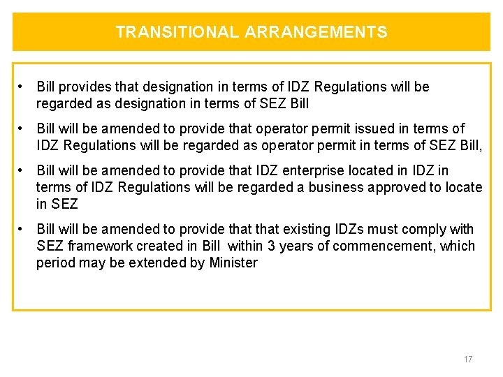 TRANSITIONAL ARRANGEMENTS • Bill provides that designation in terms of IDZ Regulations will be