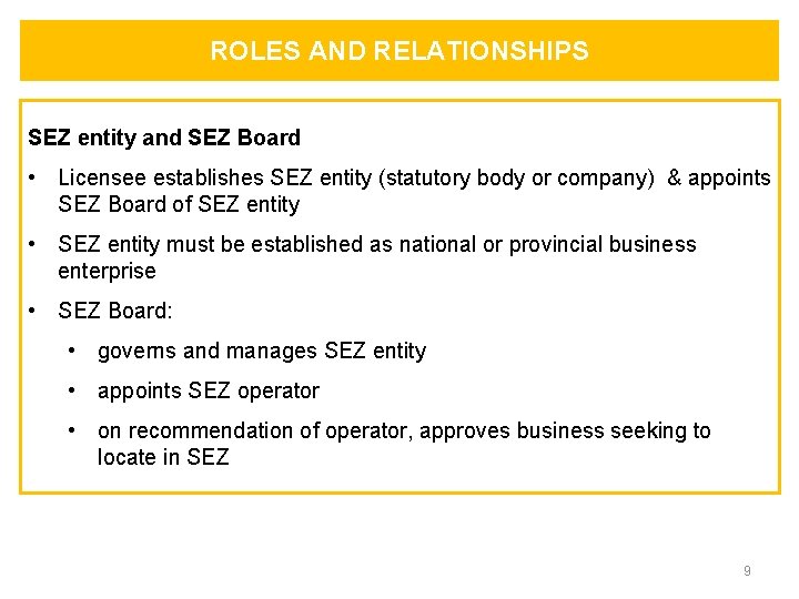 ROLES AND RELATIONSHIPS SEZ entity and SEZ Board • Licensee establishes SEZ entity (statutory