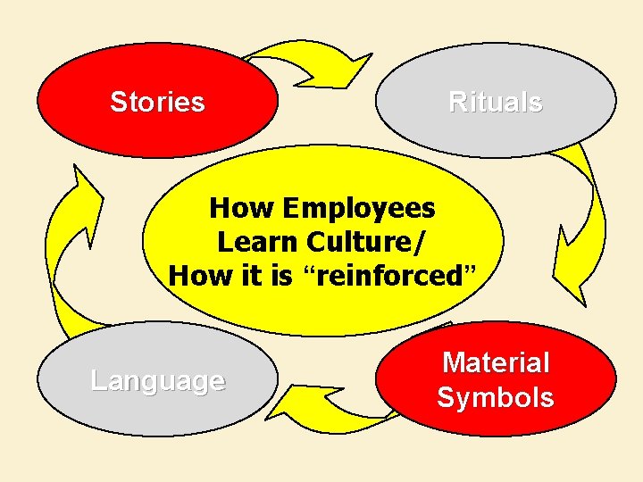 Stories Rituals How Employees Learn Culture/ How it is “reinforced” Language Material Symbols 