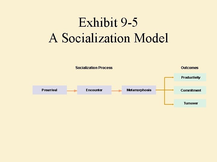 Exhibit 9 -5 A Socialization Model Socialization Process Outcomes Productivity Prearrival Encounter Metamorphosis Commitment