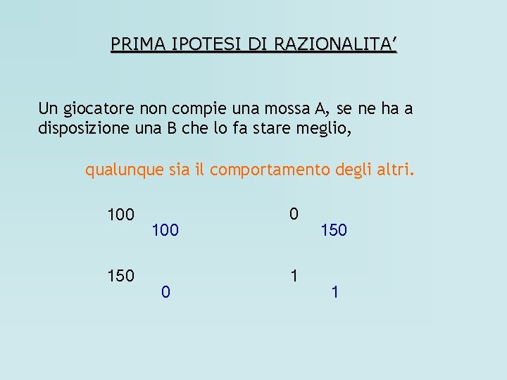 PRIMA IPOTESI DI RAZIONALITA’ Un giocatore non compie una mossa A, se ne ha