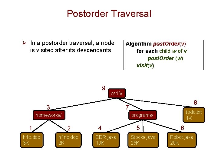 Postorder Traversal Ø In a postorder traversal, a node is visited after its descendants Postorder Traversal Ø In a postorder traversal, a node is visited after its descendants