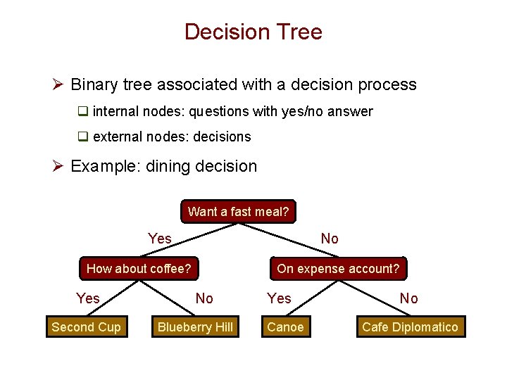 Decision Tree Ø Binary tree associated with a decision process q internal nodes: questions Decision Tree Ø Binary tree associated with a decision process q internal nodes: questions