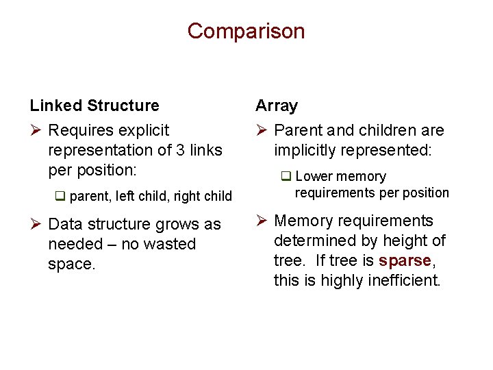 Comparison Linked Structure Array Ø Requires explicit representation of 3 links per position: Ø Comparison Linked Structure Array Ø Requires explicit representation of 3 links per position: Ø