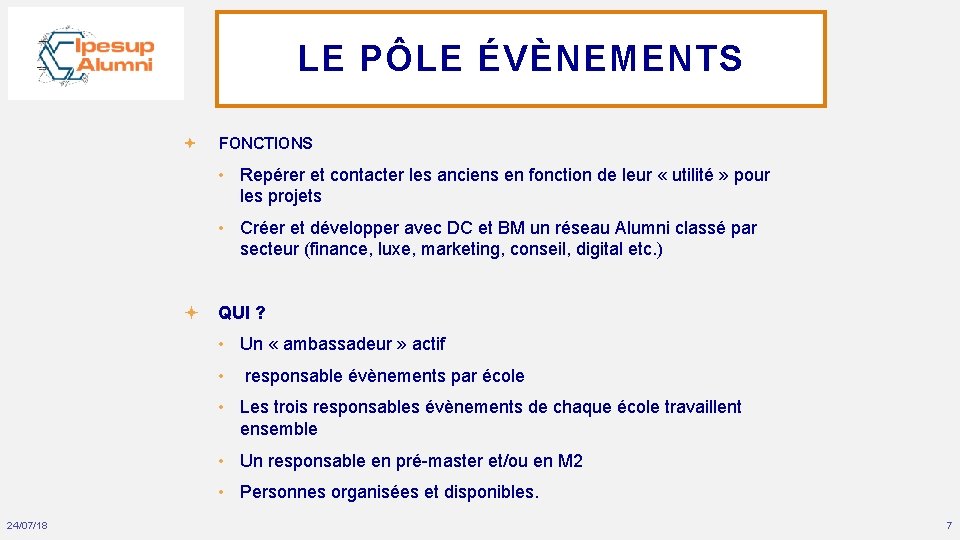 LE PÔLE ÉVÈNEMENTS FONCTIONS • Repérer et contacter les anciens en fonction de leur