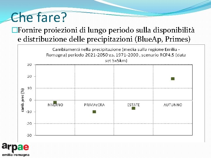 Che fare? �Fornire proiezioni di lungo periodo sulla disponibilità e distribuzione delle precipitazioni (Blue.