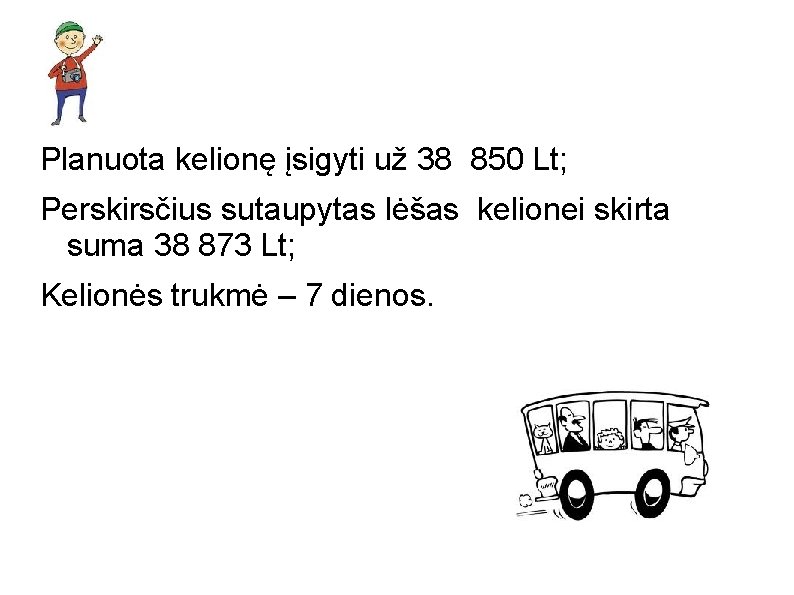 Planuota kelionę įsigyti už 38 850 Lt; Perskirsčius sutaupytas lėšas kelionei skirta suma 38