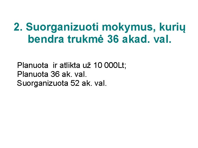 2. Suorganizuoti mokymus, kurių bendra trukmė 36 akad. val. Planuota ir atlikta už 10