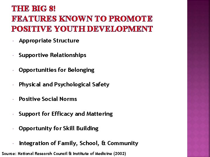 THE BIG 8! FEATURES KNOWN TO PROMOTE POSITIVE YOUTH DEVELOPMENT Appropriate Structure Supportive Relationships