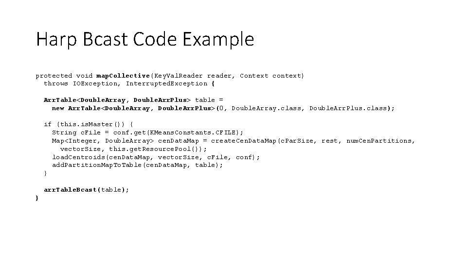 Harp Bcast Code Example protected void map. Collective(Key. Val. Reader reader, Context context) throws