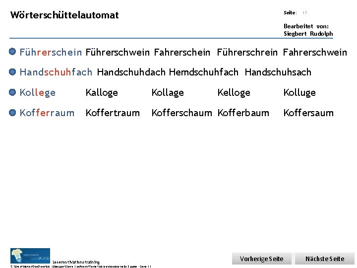 Übungsart: Wörterschüttelautomat Seite: 13 Bearbeitet von: Siegbert Rudolph Führerschein Führerschwein Fahrerschein Führerschrein Fahrerschwein Handschuhfach