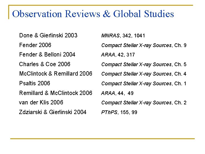 Observation Reviews & Global Studies Done & Gierlinski 2003 MNRAS, 342, 1041 Fender 2006