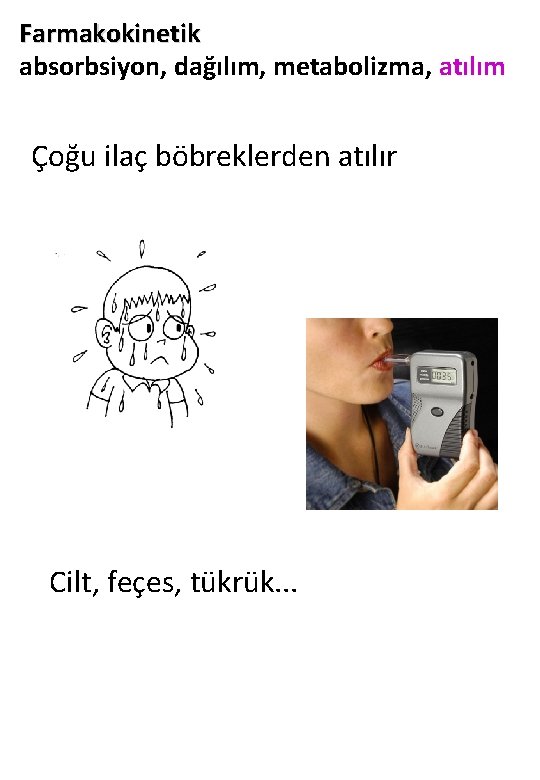 Farmakokinetik absorbsiyon, dağılım, metabolizma, atılım Çoğu ilaç böbreklerden atılır Cilt, feçes, tükrük. . .