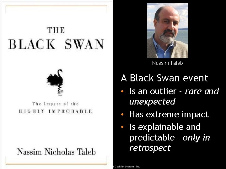 The Black Swan Nassim Taleb A Black Swan event • Is an outlier -