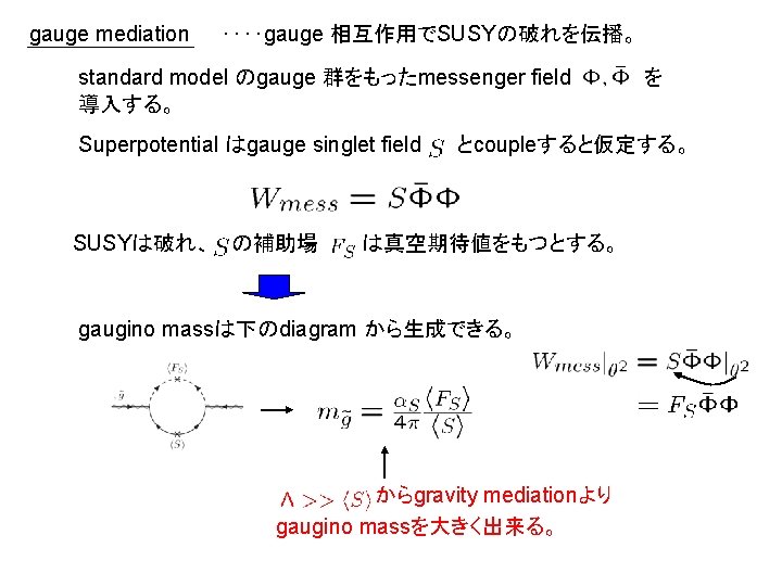 gauge mediation ‥‥gauge 相互作用でSUSYの破れを伝播。 standard model のgauge 群をもったmessenger field 導入する。 Superpotential はgauge singlet field