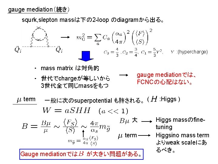 gauge mediation（続き） squrk, slepton massは下の 2 -loop のdiagramから出る。 : (hypercharge) ・ mass matrix は対角的