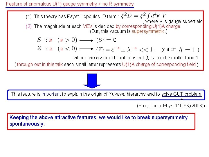 Feature of anomalous U(1) gauge symmetry + no R symmetry (1): This theory has