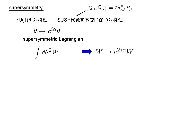 supersymmetry ・U(1)R 対称性‥‥SUSY代数を不変に保つ対称性 supersymmetric Lagrangian 