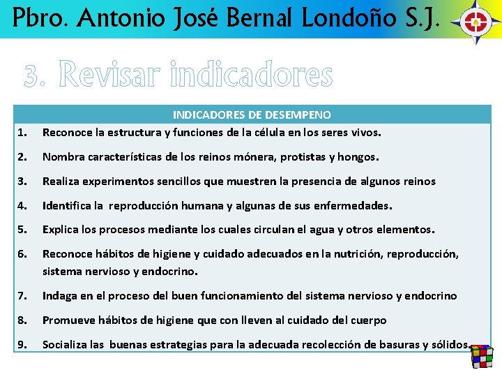 3. Revisar los indicadores actuales Pbro. Antonio José Bernal Londoño S. J. 3. Revisar