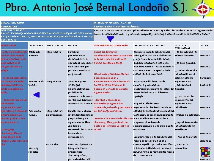 Pbro. Antonio José Bernal Londoño S. J. GRADO: UNDÉCIMO PERIODO: DOS OBJETIVO DE GRADO: