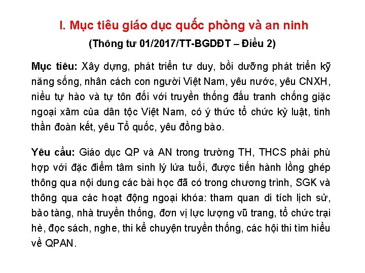 I. Mục tiêu giáo dục quốc phòng và an ninh (Thông tư 01/2017/TT-BGDĐT –