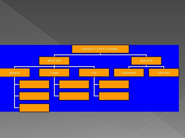 CAUSES OF OTITIS EXTERNA INFECTIVE Bacterial Fungal REACTIVE Viral Eczematous Seborrheic 