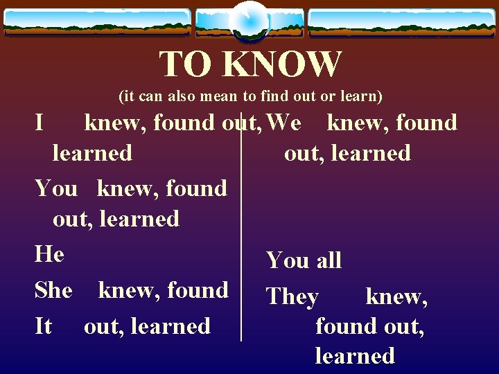 TO KNOW (it can also mean to find out or learn) I knew, found