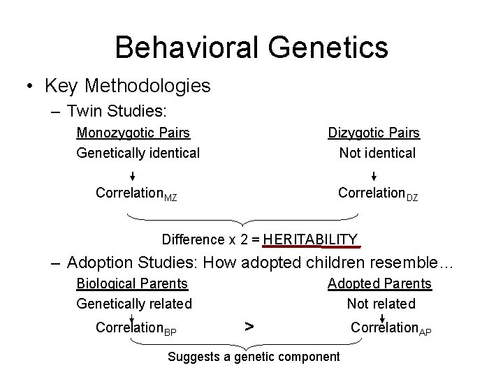 Behavioral Genetics • Key Methodologies – Twin Studies: Monozygotic Pairs Genetically identical Dizygotic Pairs