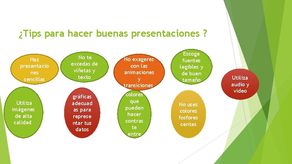 ¿Tips para hacer buenas presentaciones ? Haz presentacio nes sencillas Utiliza imágenes de alta