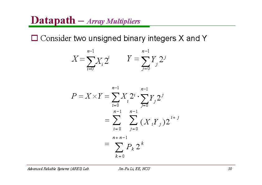 Datapath – Array Multipliers Consider two unsigned binary integers X and Y n 1 Datapath – Array Multipliers Consider two unsigned binary integers X and Y n 1