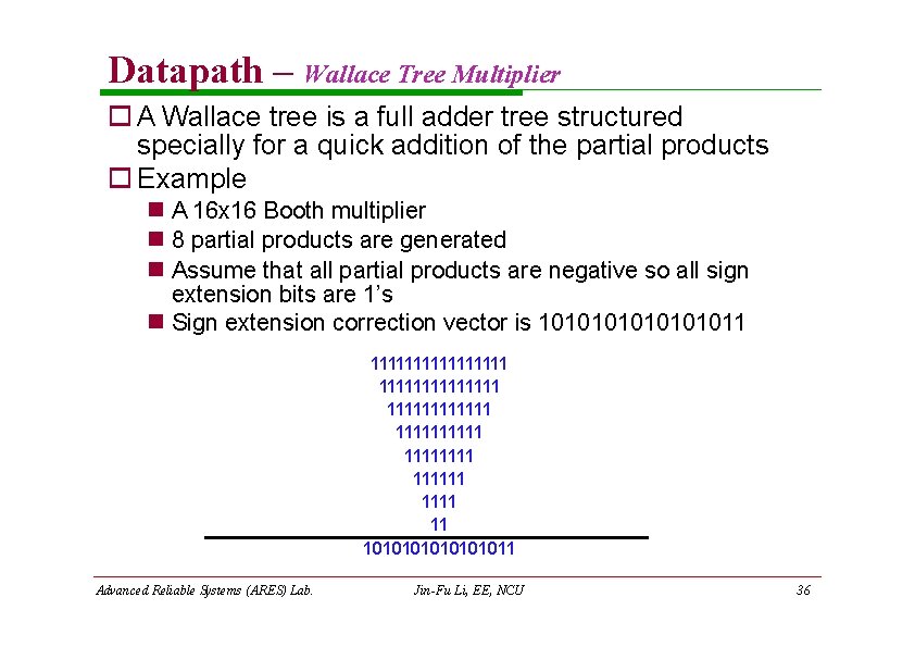 Datapath – Wallace Tree Multiplier A Wallace tree is a full adder tree structured Datapath – Wallace Tree Multiplier A Wallace tree is a full adder tree structured