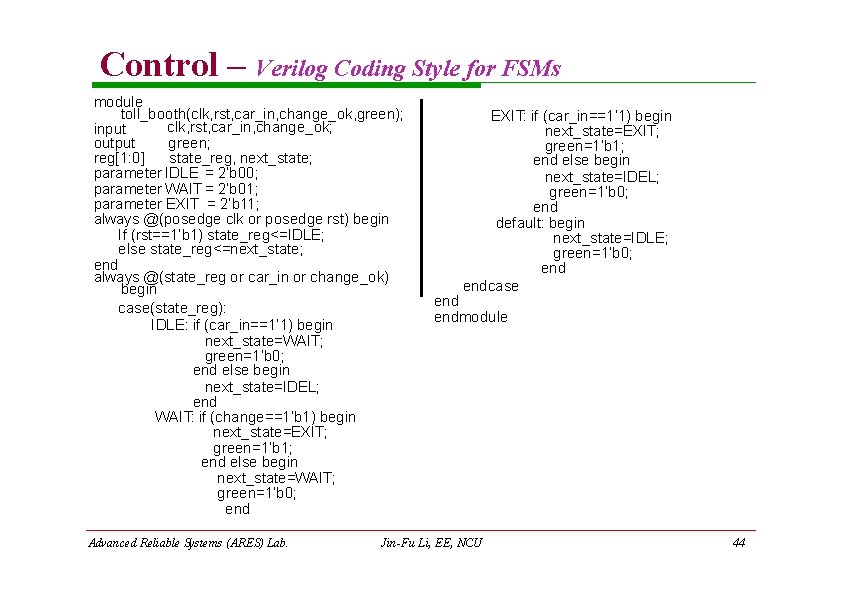 Control – Verilog Coding Style for FSMs module toll_booth(clk, rst, car_in, change_ok, green); clk, Control – Verilog Coding Style for FSMs module toll_booth(clk, rst, car_in, change_ok, green); clk,