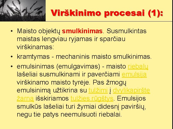 Virškinimo procesai (1): • Maisto objektų smulkinimas. Susmulkintas maistas lengviau ryjamas ir sparčiau virškinamas: