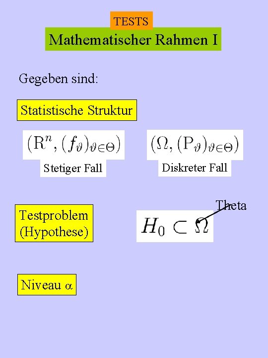 TESTS Mathematischer Rahmen I Gegeben sind: Statistische Struktur Stetiger Fall Testproblem (Hypothese) Niveau Diskreter