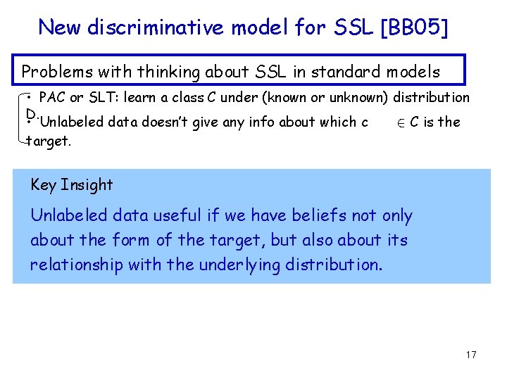 New discriminative model for SSL [BB 05] Problems with thinking about SSL in standard