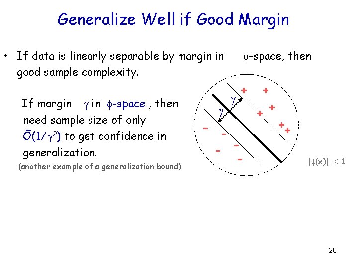 Generalize Well if Good Margin • If data is linearly separable by margin in