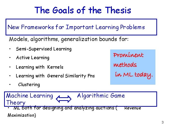 The Goals of the Thesis New Frameworks for Important Learning Problems Models, algorithms, generalization